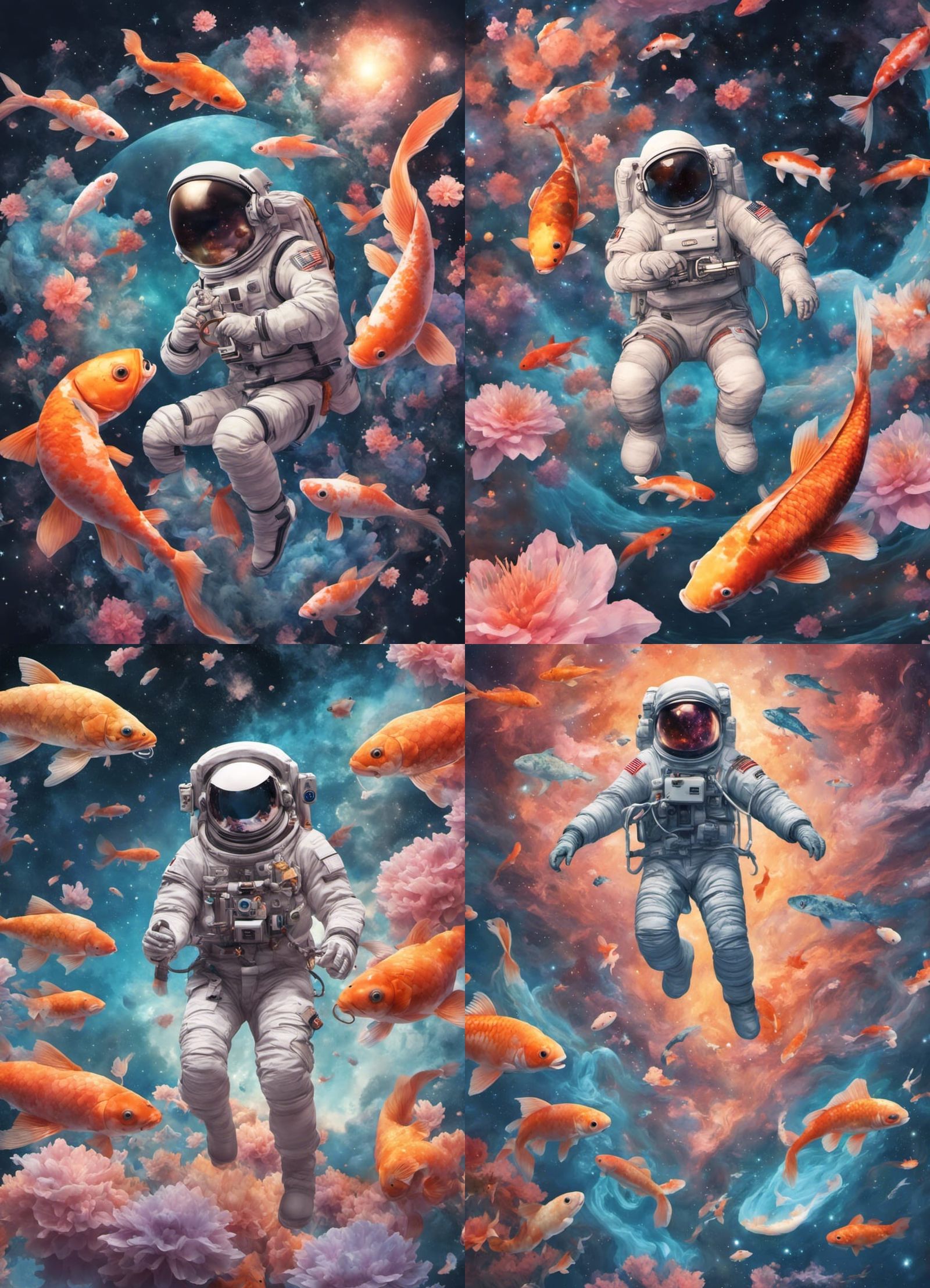 Astronaut in Nebula with Koi Fish: Surreal Digital Art