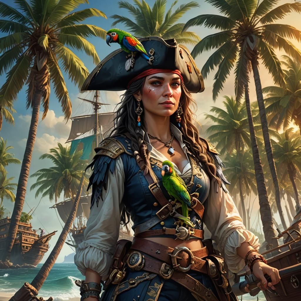 Pirate Queen Portrait with Parrot in Hyper-Detailed Style