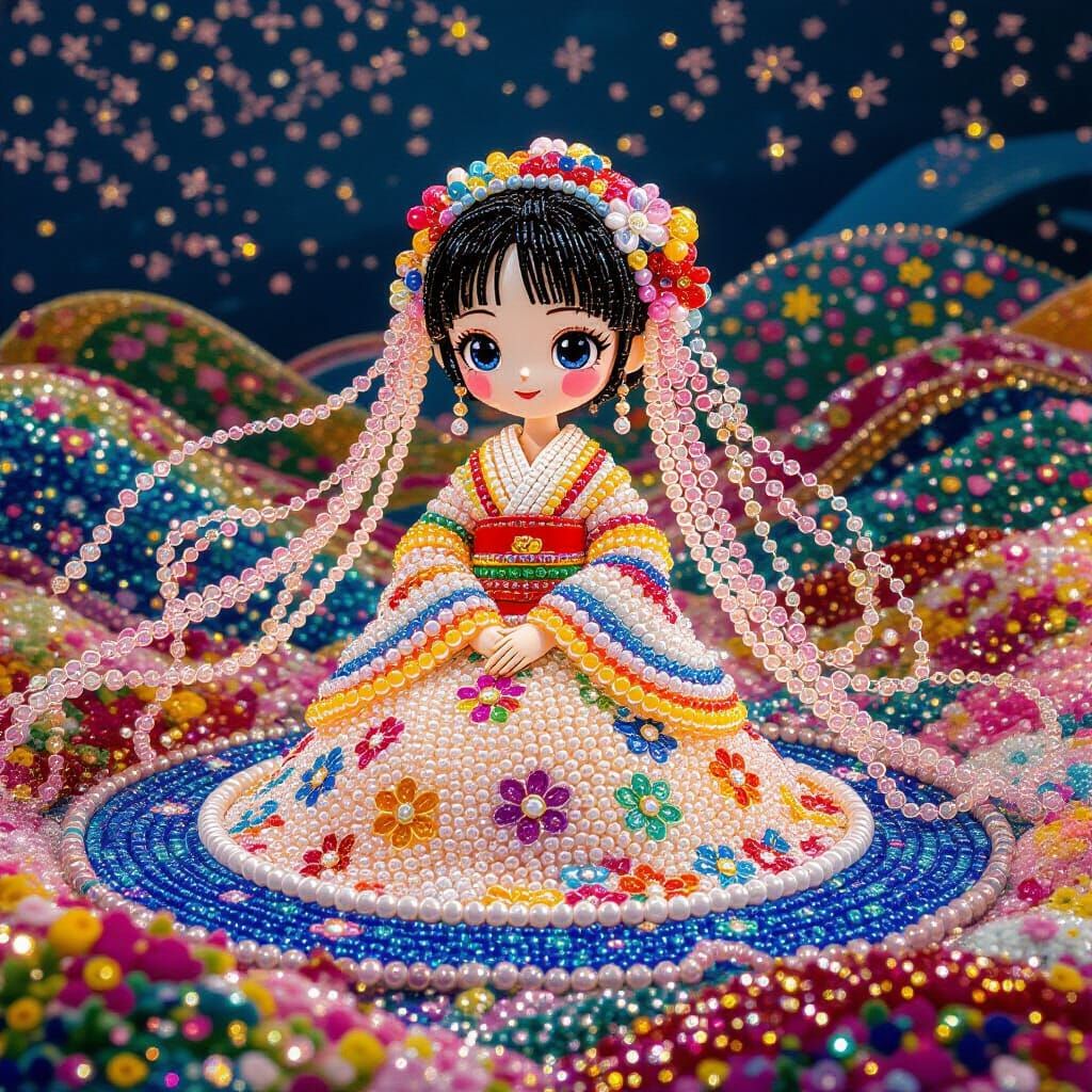 Beaded Maiden in a Kaleidoscopic Landscape