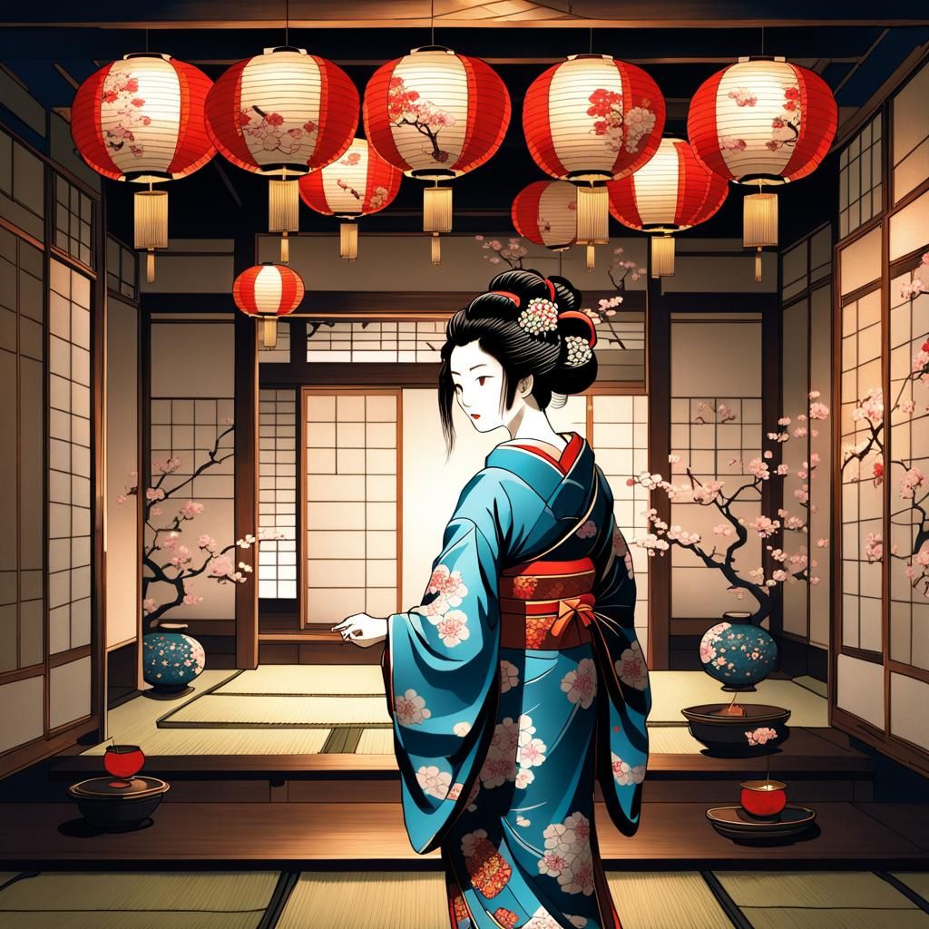 In a dimly lit, traditional Japanese room adorned with delic...