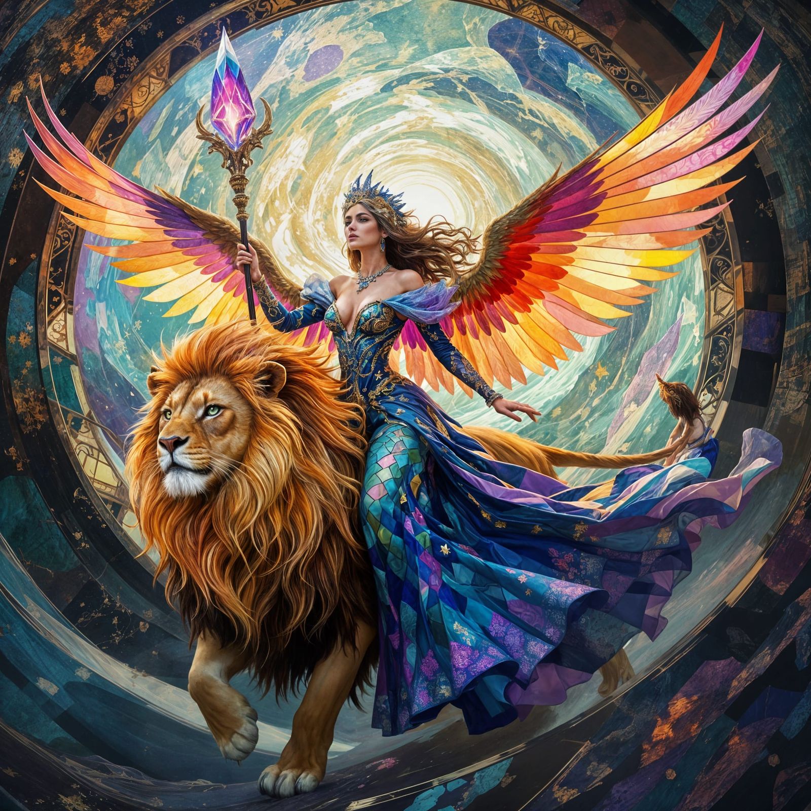 Celestial Sorceress Rides Winged Lion Through Rift