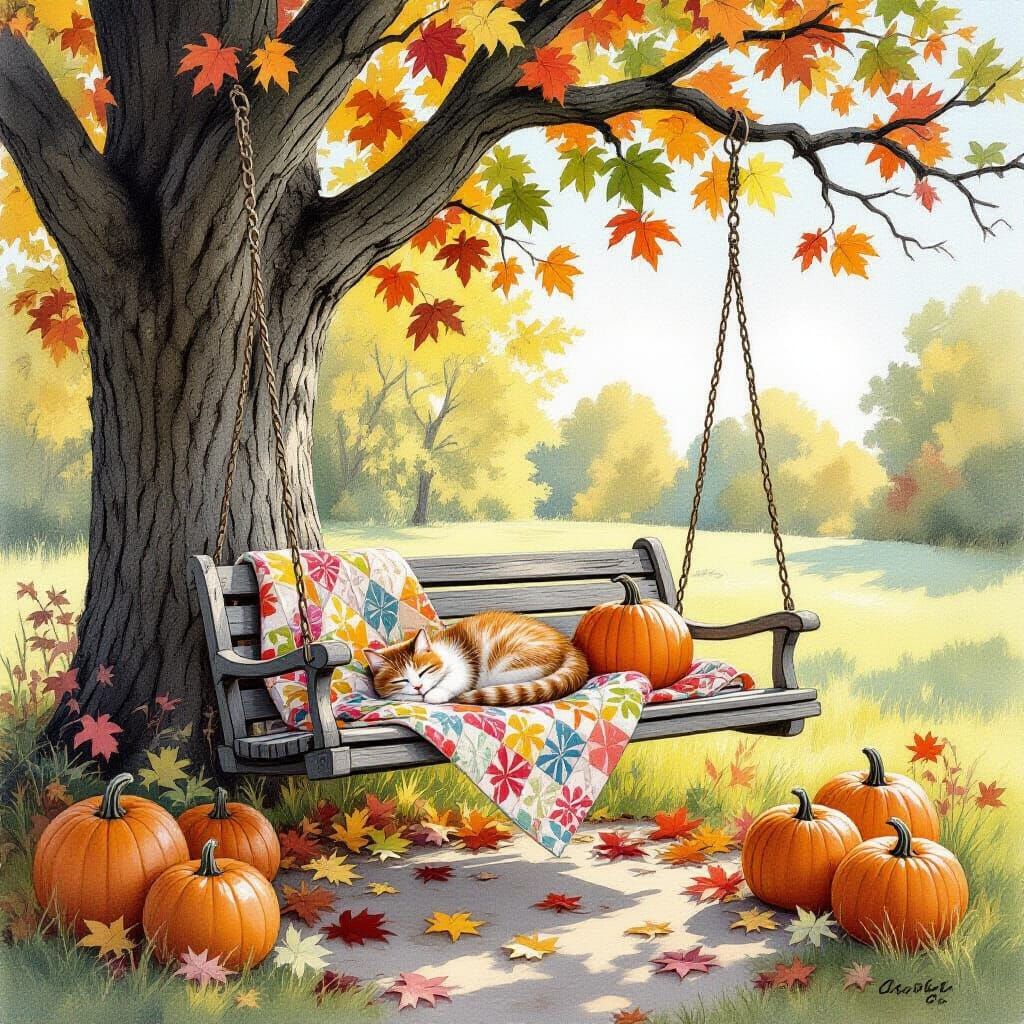 Autumn Porch Swing Scene with Cat and Pumpkins in Gouache St...