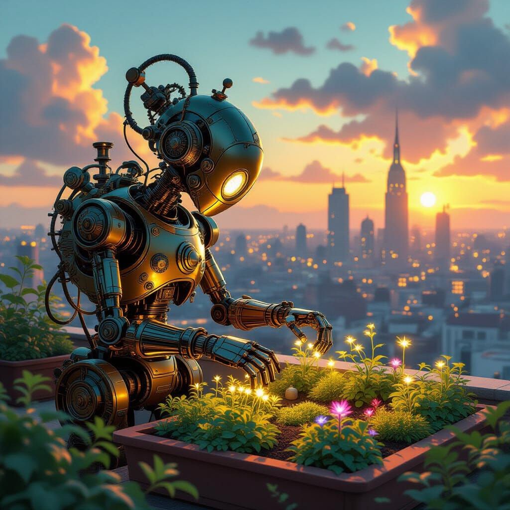 Steampunk Gardener Robot in Bioluminescent Rooftop Garden