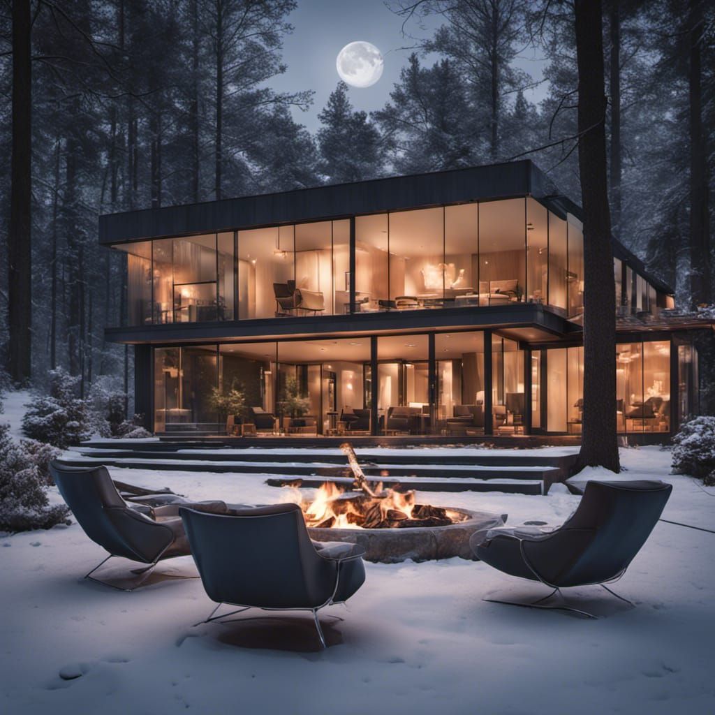 Mid-Century Modern House in Winter Forest