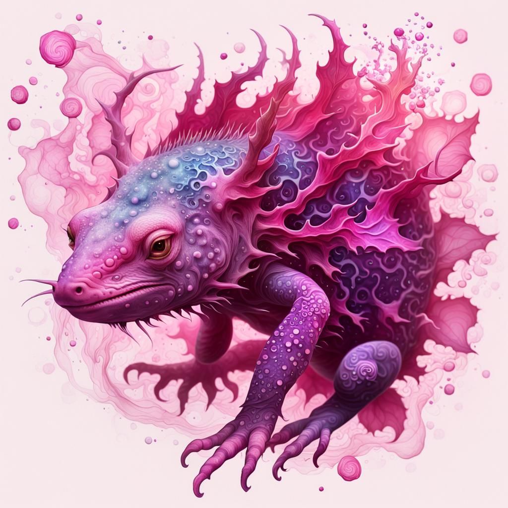 Dreamy Watercolor Fractals of a Pink Axolotl