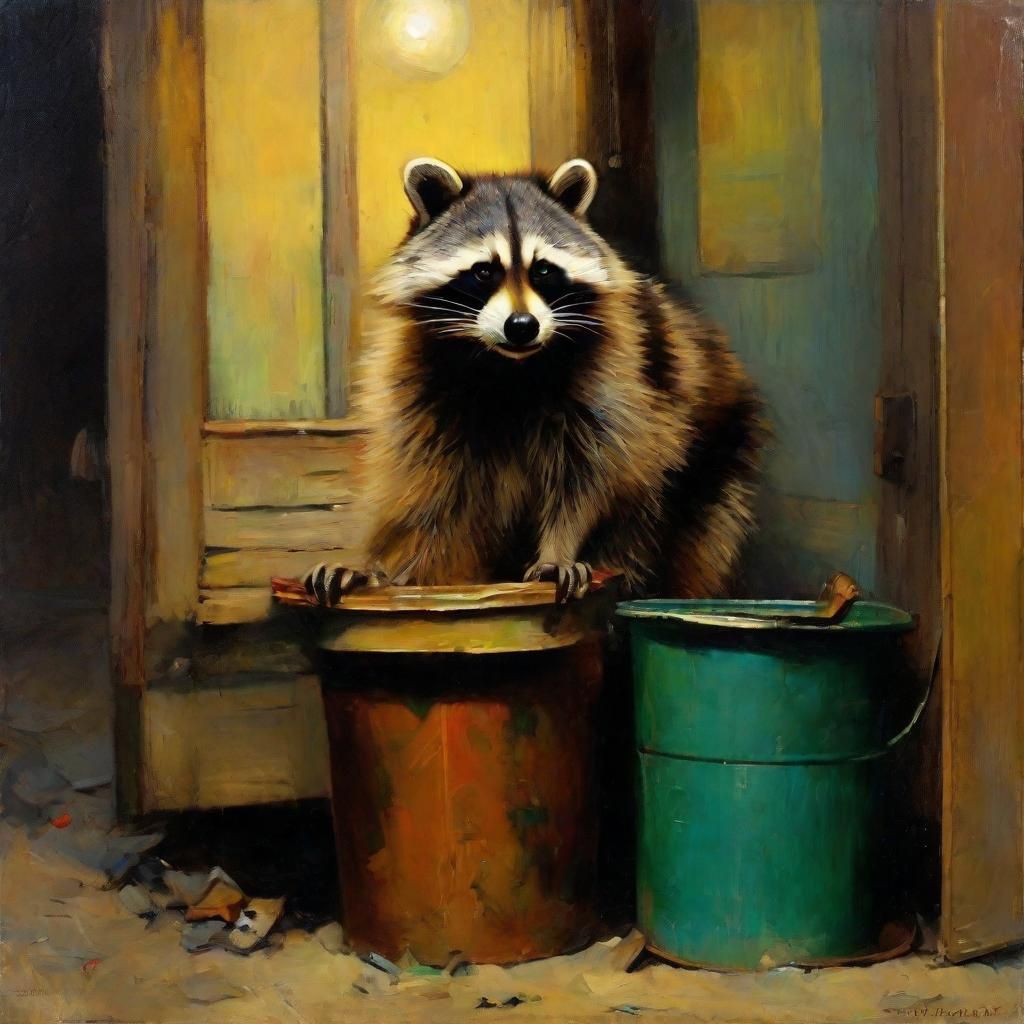 Raccoon in Trash: Vintage Oil Painting