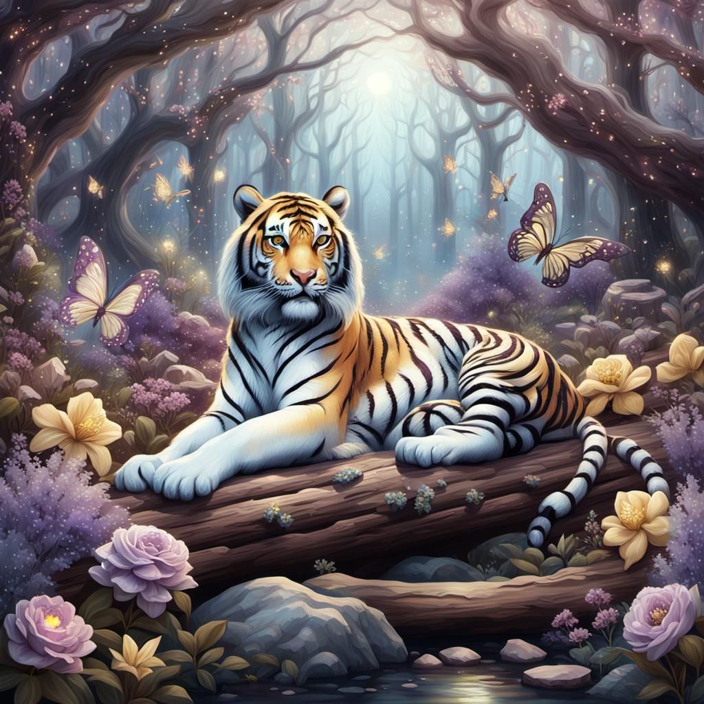 Enchanted Tiger and Fairies in Fantasy Forest