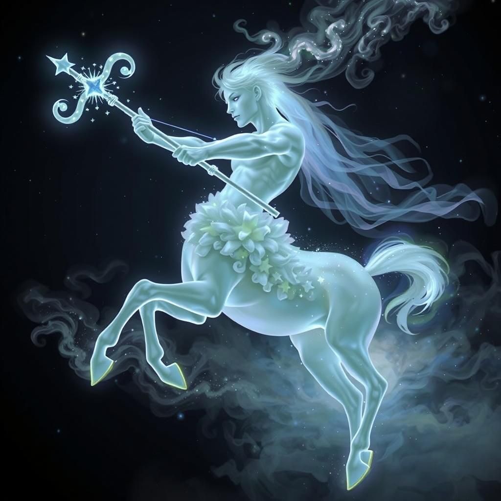 Imagine a spectral apparition embodying the concept of Sagittarius the centaur, half man, half horse built of the same e...