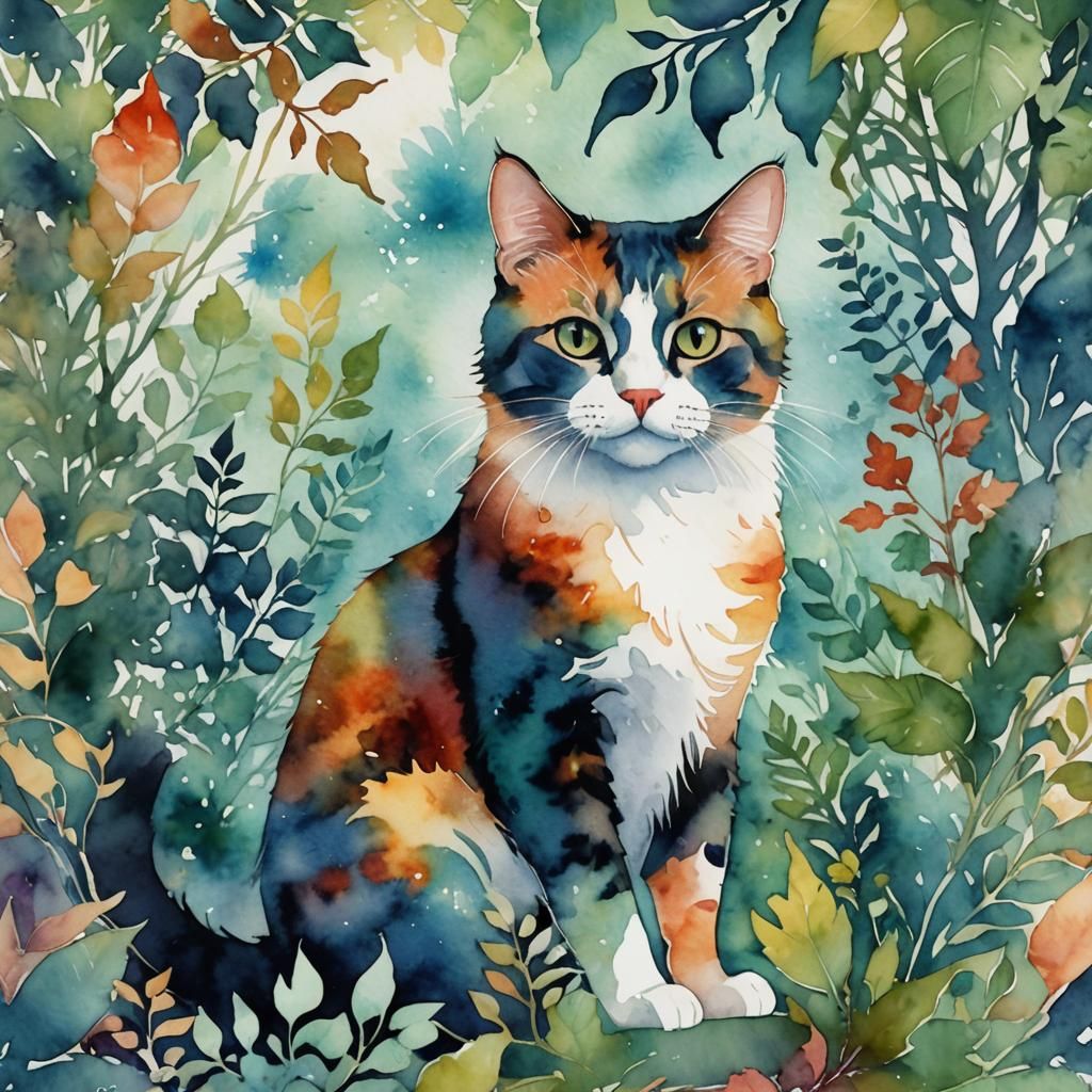 Calico Cat Silhouette in Watercolor Foliage