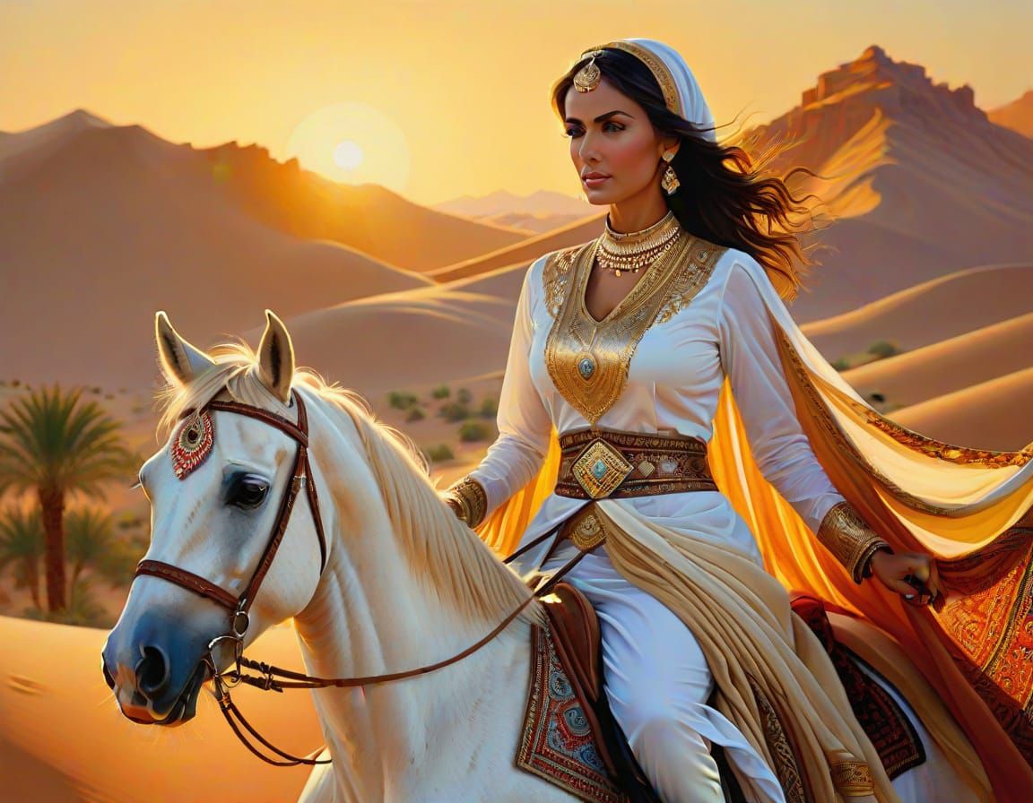 Arabian Woman Rides Horse in Oil Painting Style