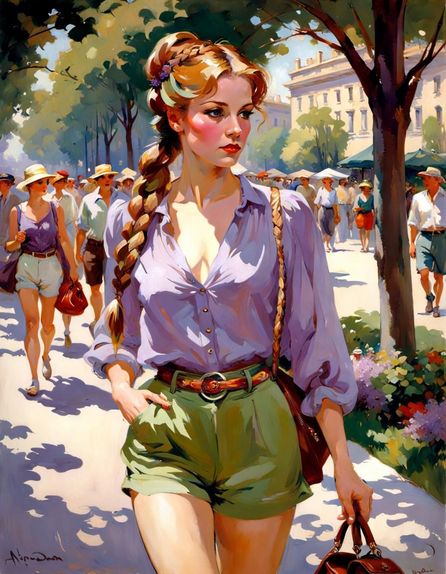 Woman with Braids in City Park, Art Nouveau Style