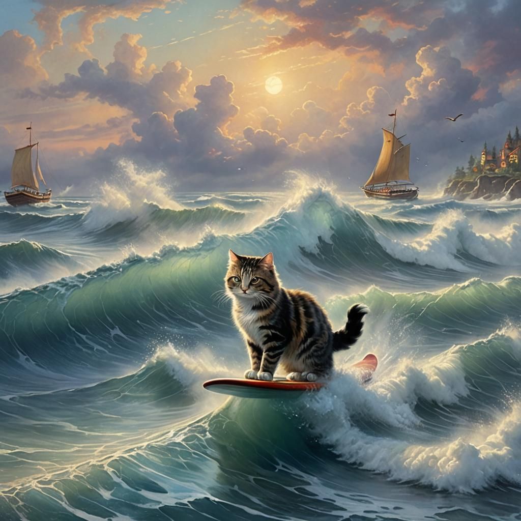 Cat Surfing Ocean Wave in Ethereal Fantasy Style