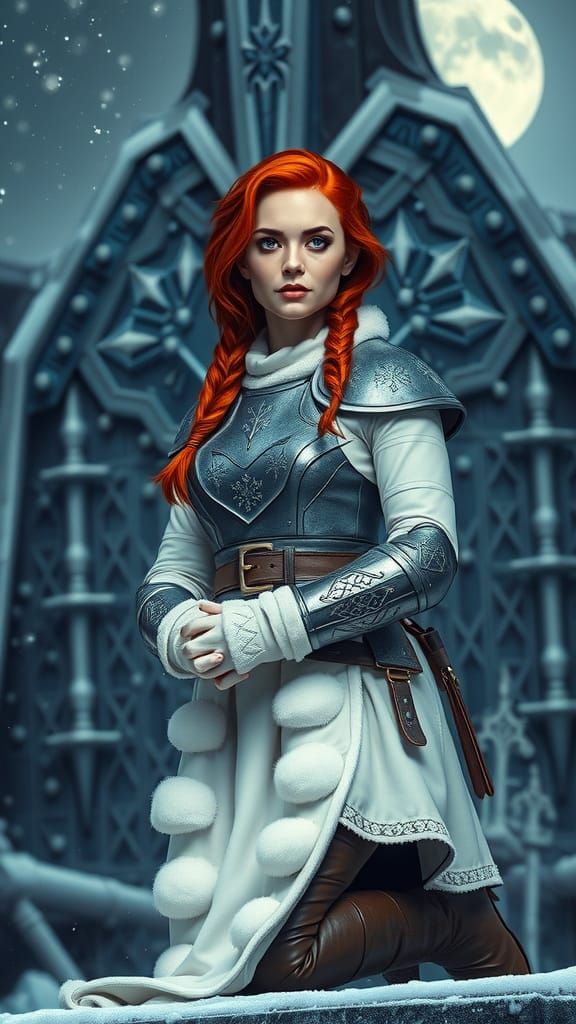 Warrior Woman Praying with Sword in Fantasy Landscape