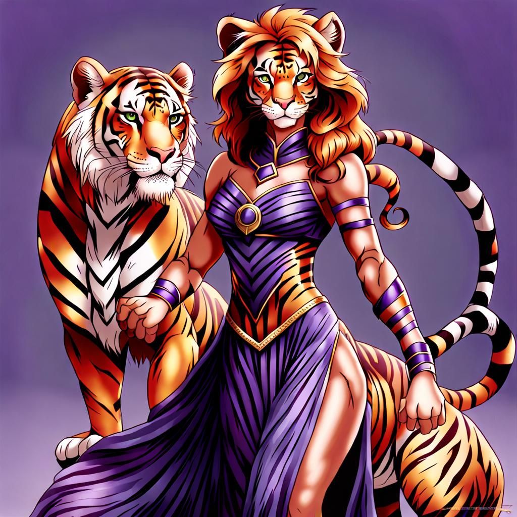 Anthropomorphic Tigress-Lioness Hybrid in Purple Gown
