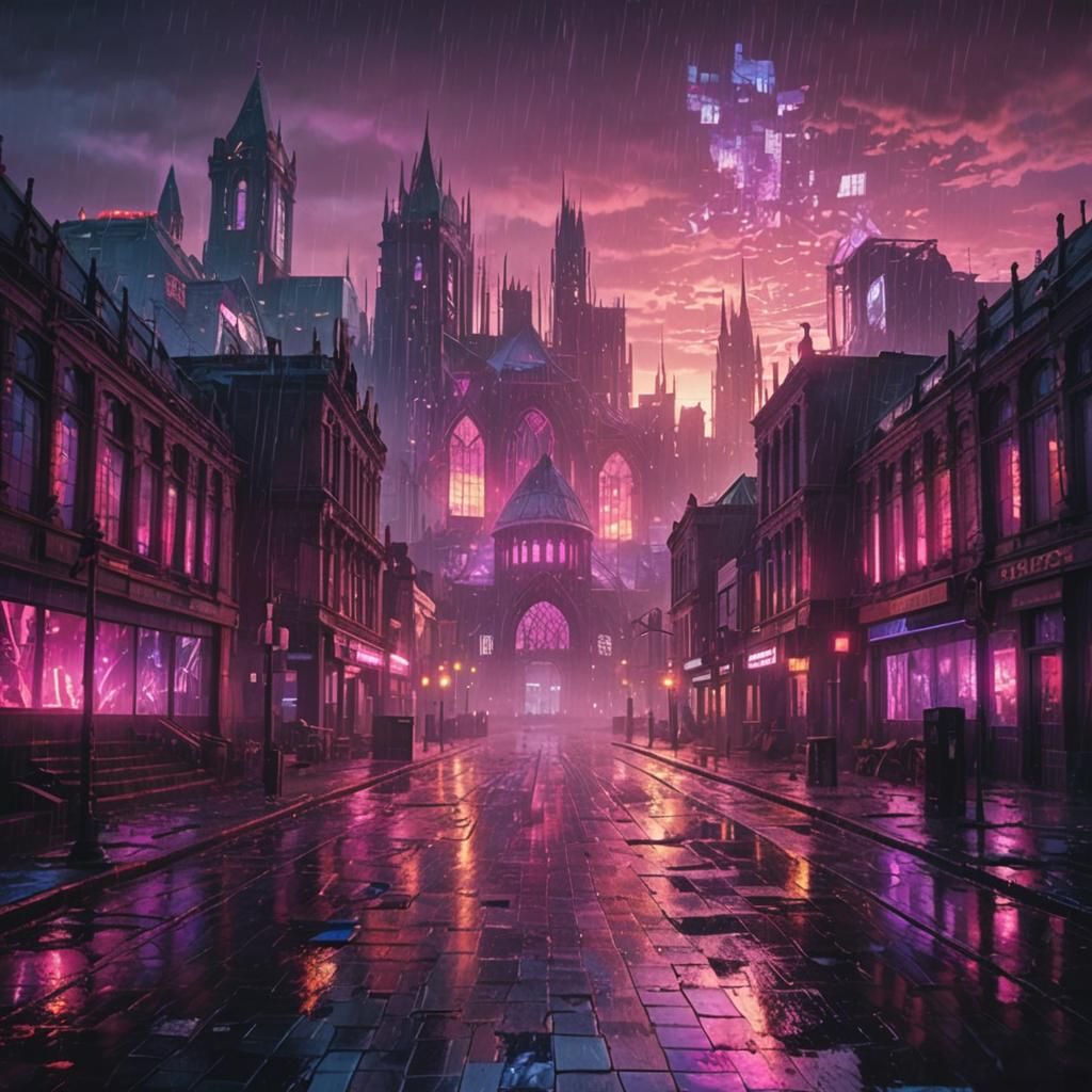 Cyberpunk Cityscape with Stained Glass Architecture