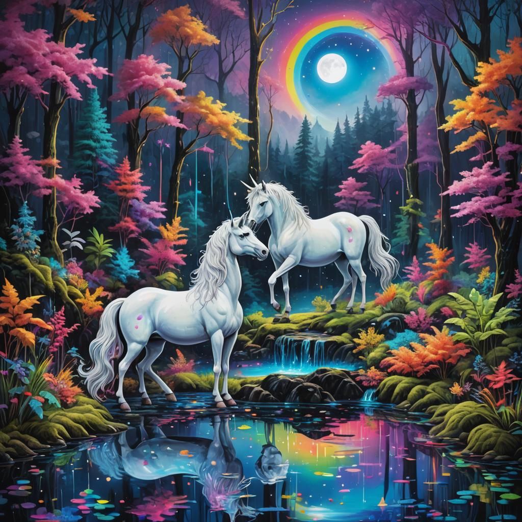 Unicorn Discovers Rainbow Oil Pool in Neon Forest