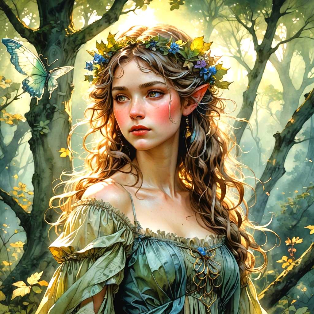 Fairy Nymph in Magical Glade, Watercolor Portrait