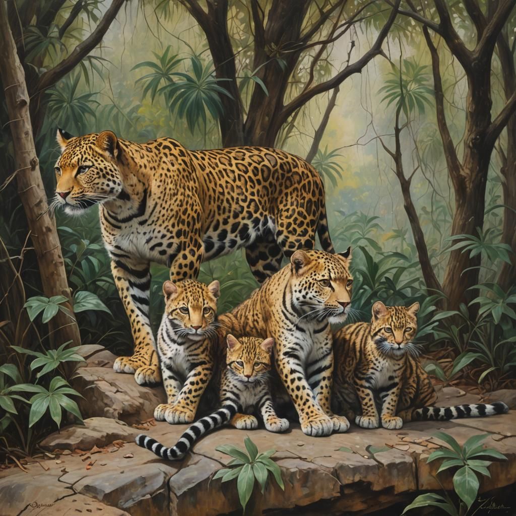 Leopard and Cats: Oil Painting