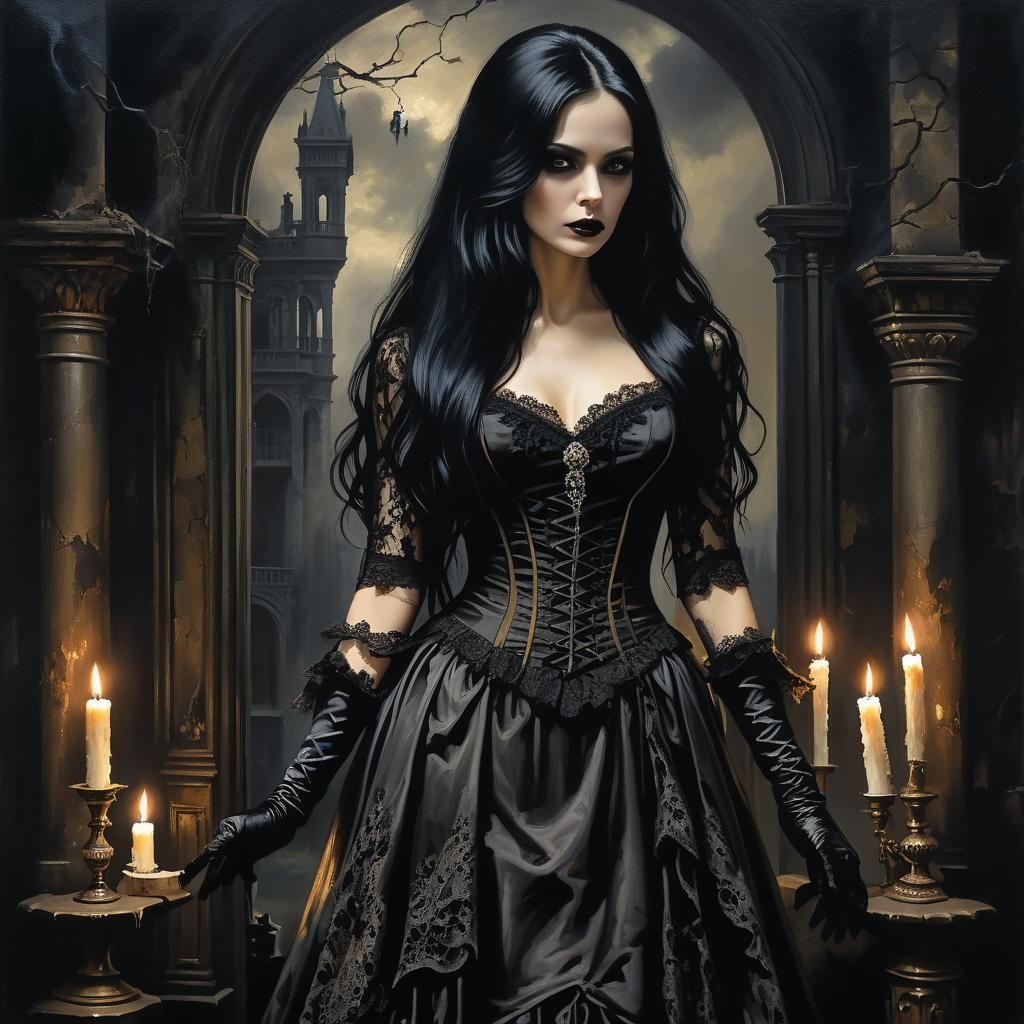 Elegant Gothic Woman in Victorian Mansion Oil Painting