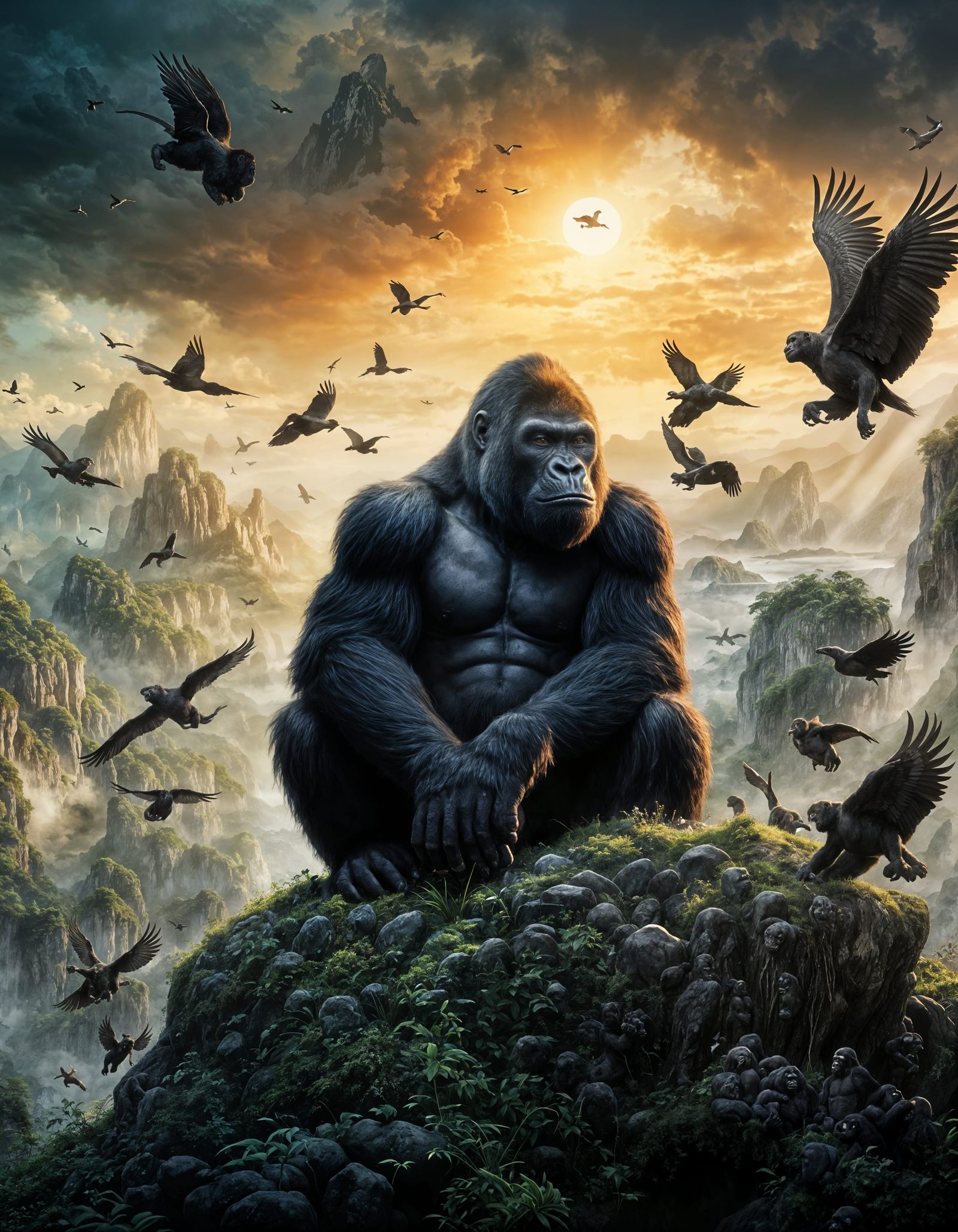 Gorilla on Rock with Birds, Cinematic Concept Art