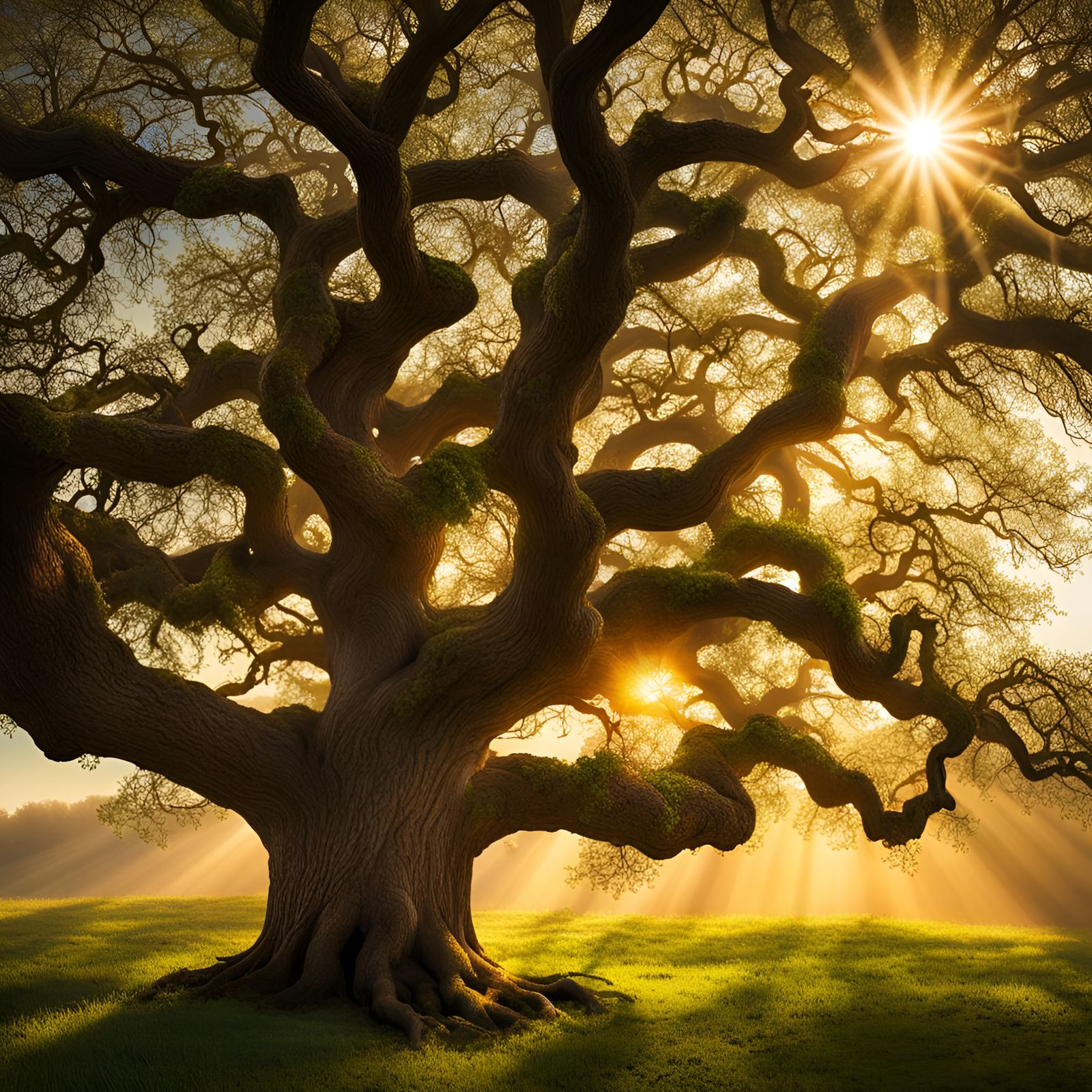 Majestic Oak Tree Awakens in Spring Sunlight
