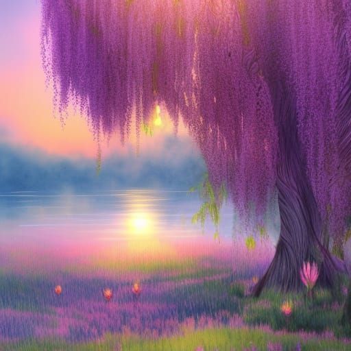 Watercolor Willow Tree at Sunset with Fireflies