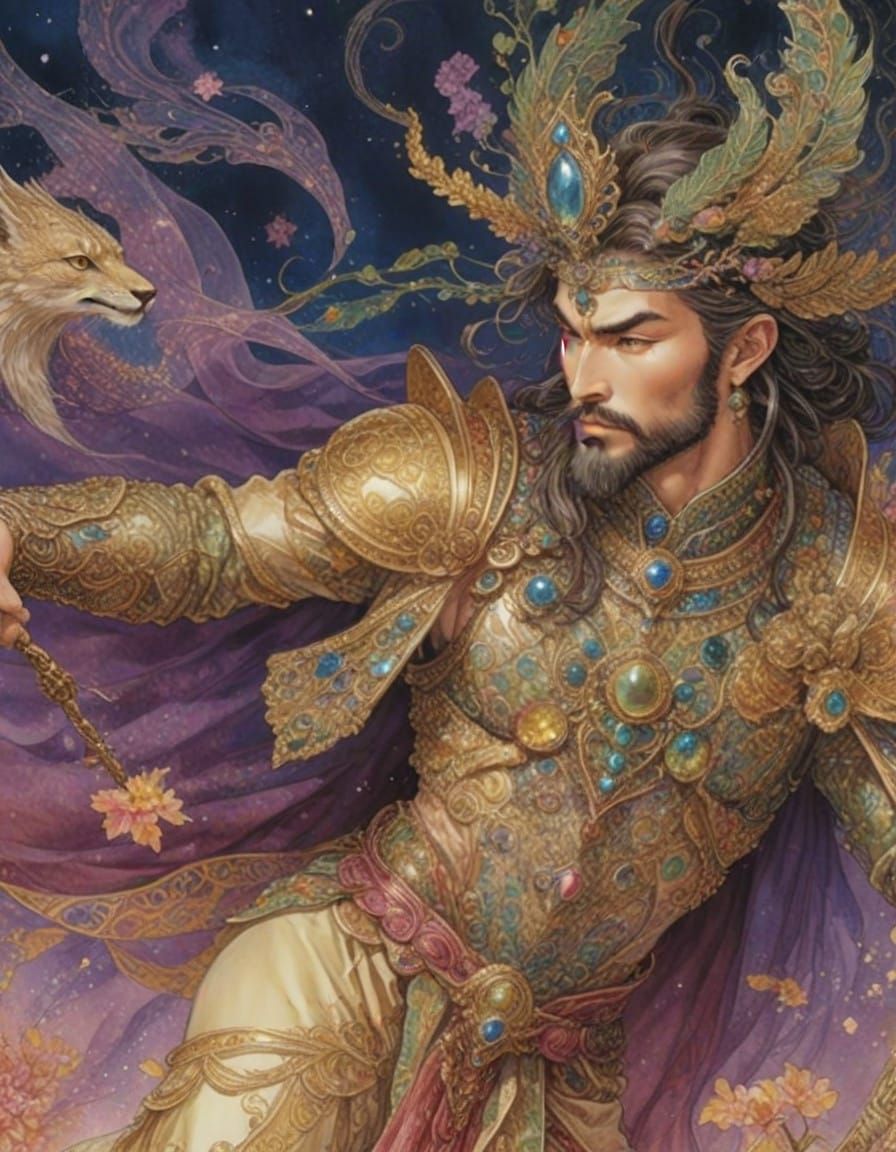 Ethereal Anime Prince in Golden Pointillism