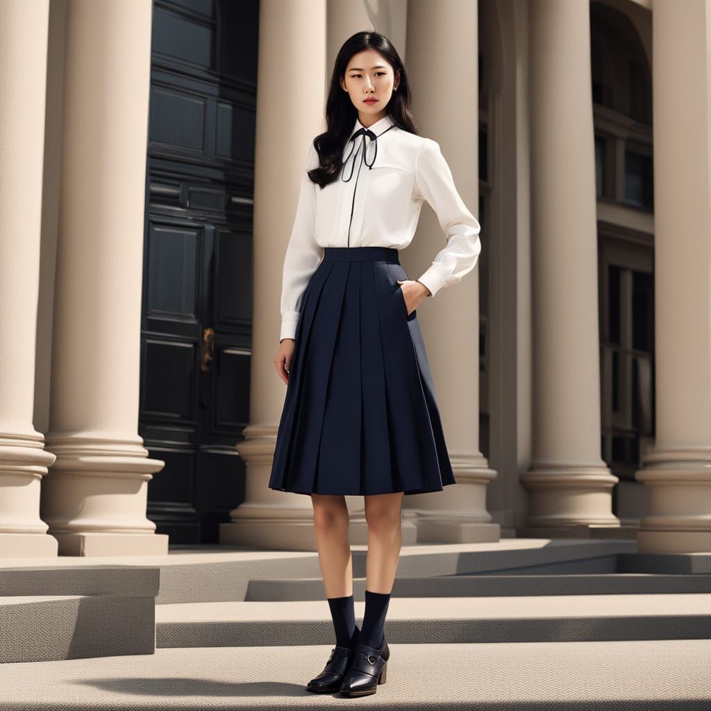 Young Woman in Stylish Japanese School Uniform with Unique B...