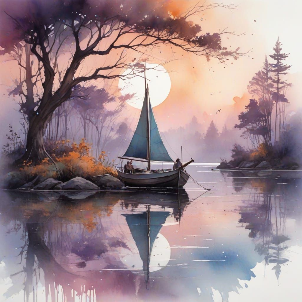 Sunset Serenity Over Calm Waters in Painterly Style