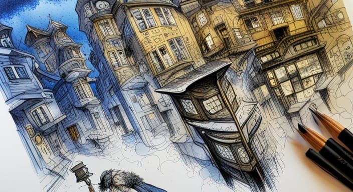 Art Nouveau Town in Blue Ink
