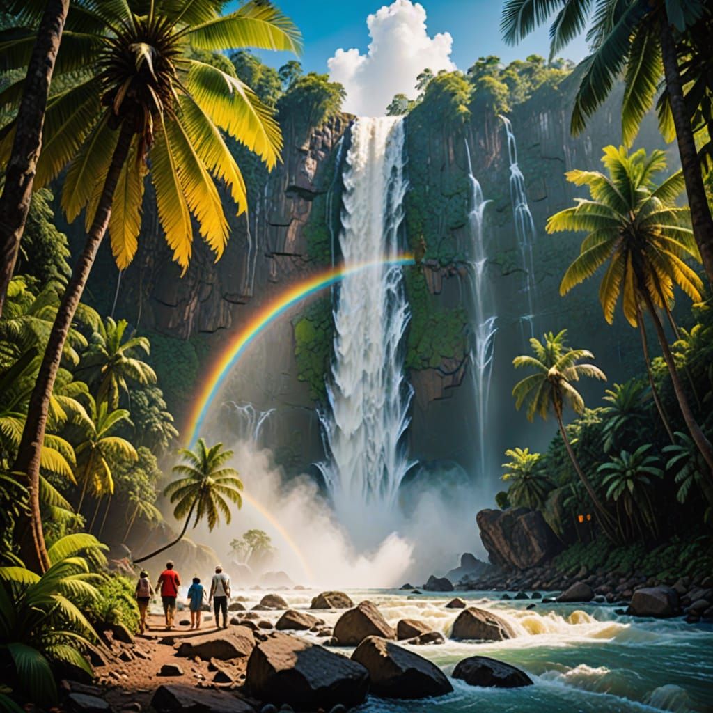 Lush Tropical Jungle Waterfall with Parrots