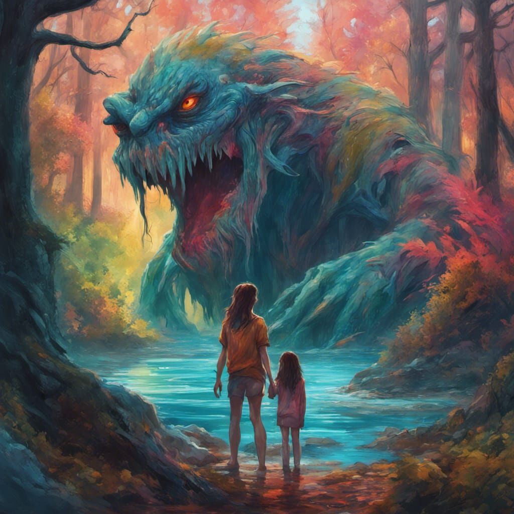Water Hag and Girl in Colorful Forest Scene