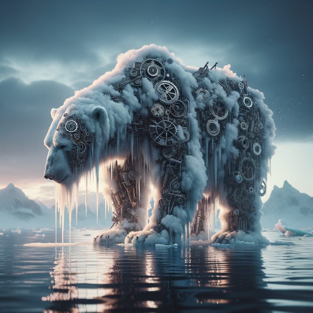 Steampunk Polar Bear in Dystopian Landscape