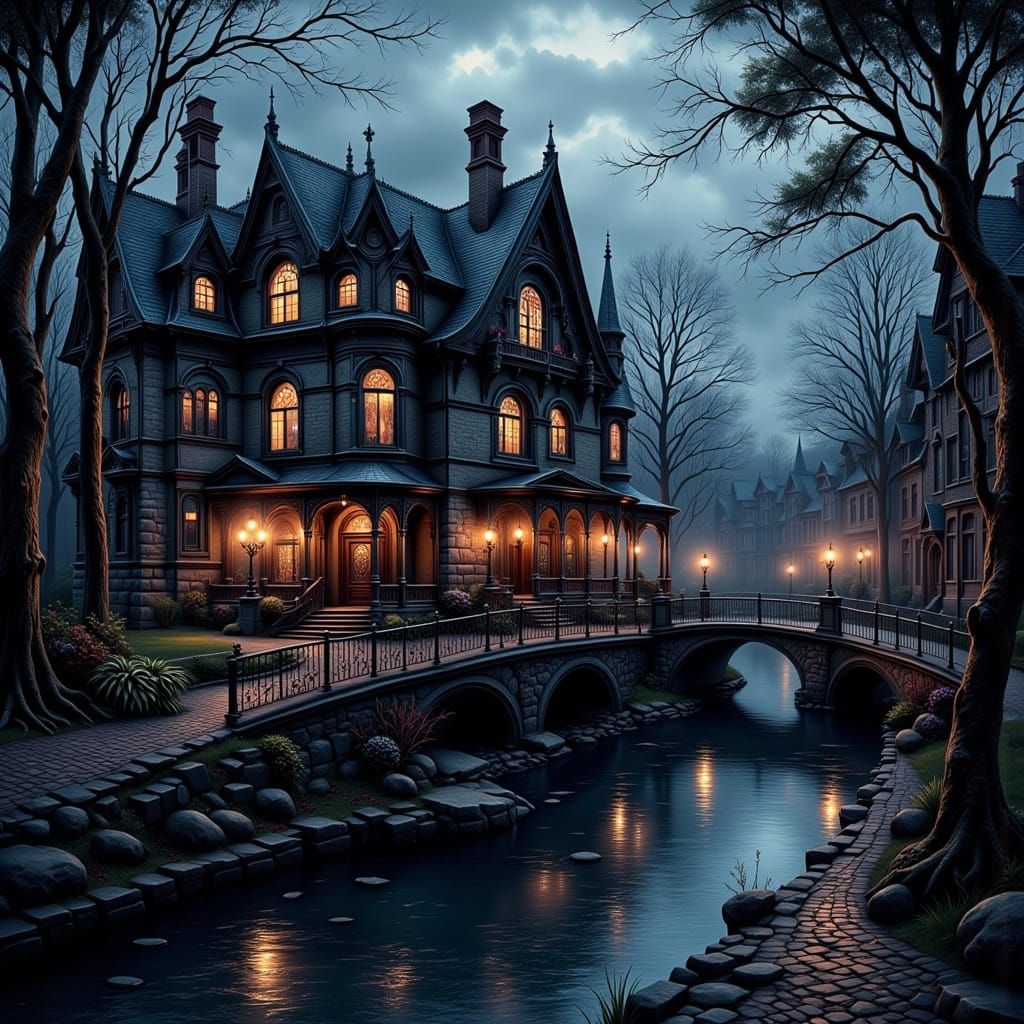 Victorian Manor on Canal in Gothic Style