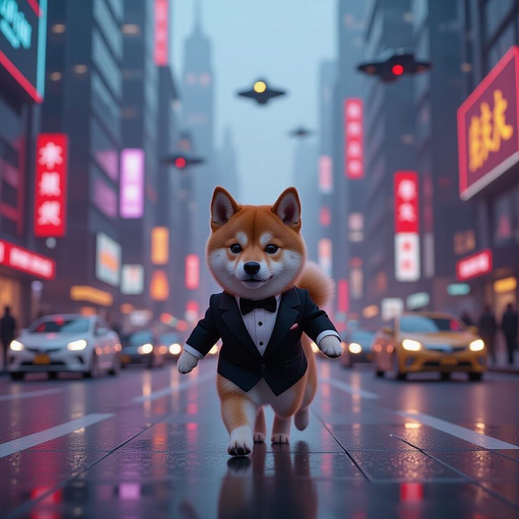 Shiba Inu in Tuxedo Strides Through Cyberpunk City