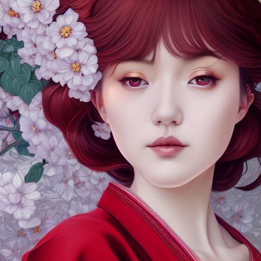 Elegant Lady in Dark Red Kimono: Detailed Horror Art