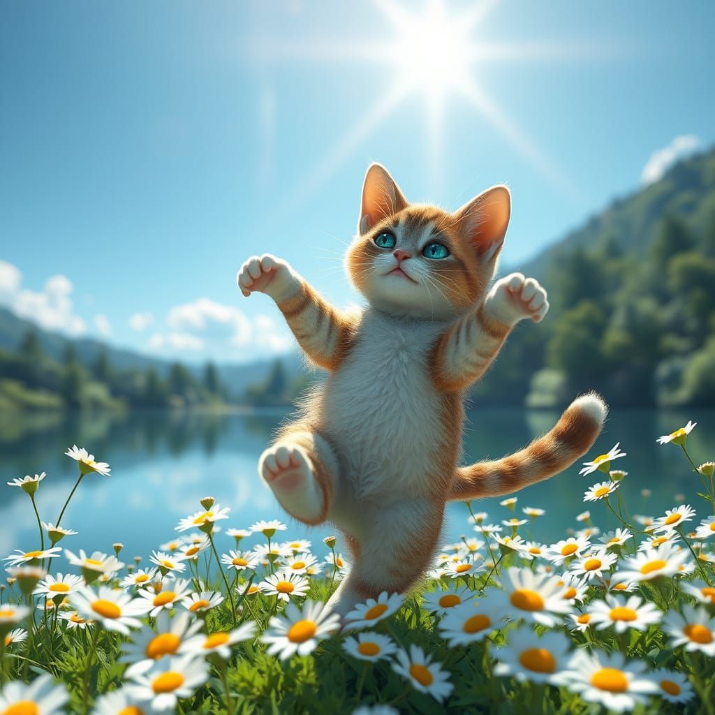 Hyperrealistic Cat Dancing in Daisy Field: 3D Anime Art
