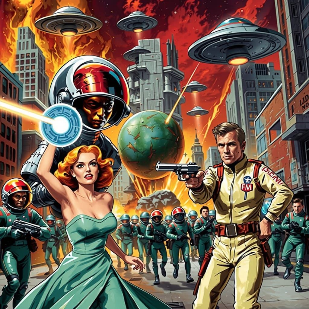 Retro-Futuristic Alien Invasion Poster in Classic Sci-Fi Sty...