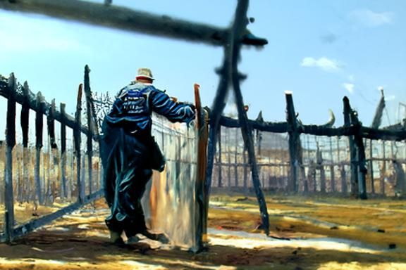 Man Walks Perimeter Fence: Oil Painting