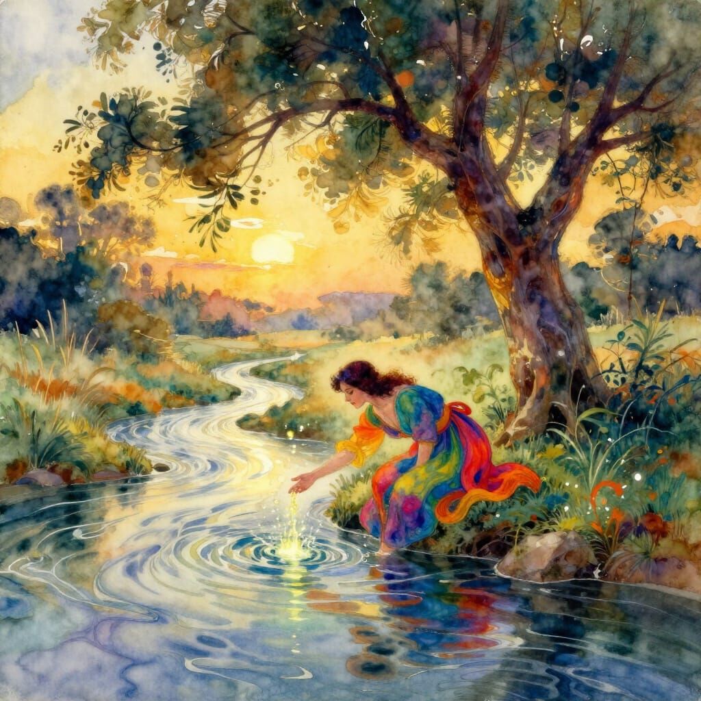 Ancient Tree Beside Watercolor River with Woman