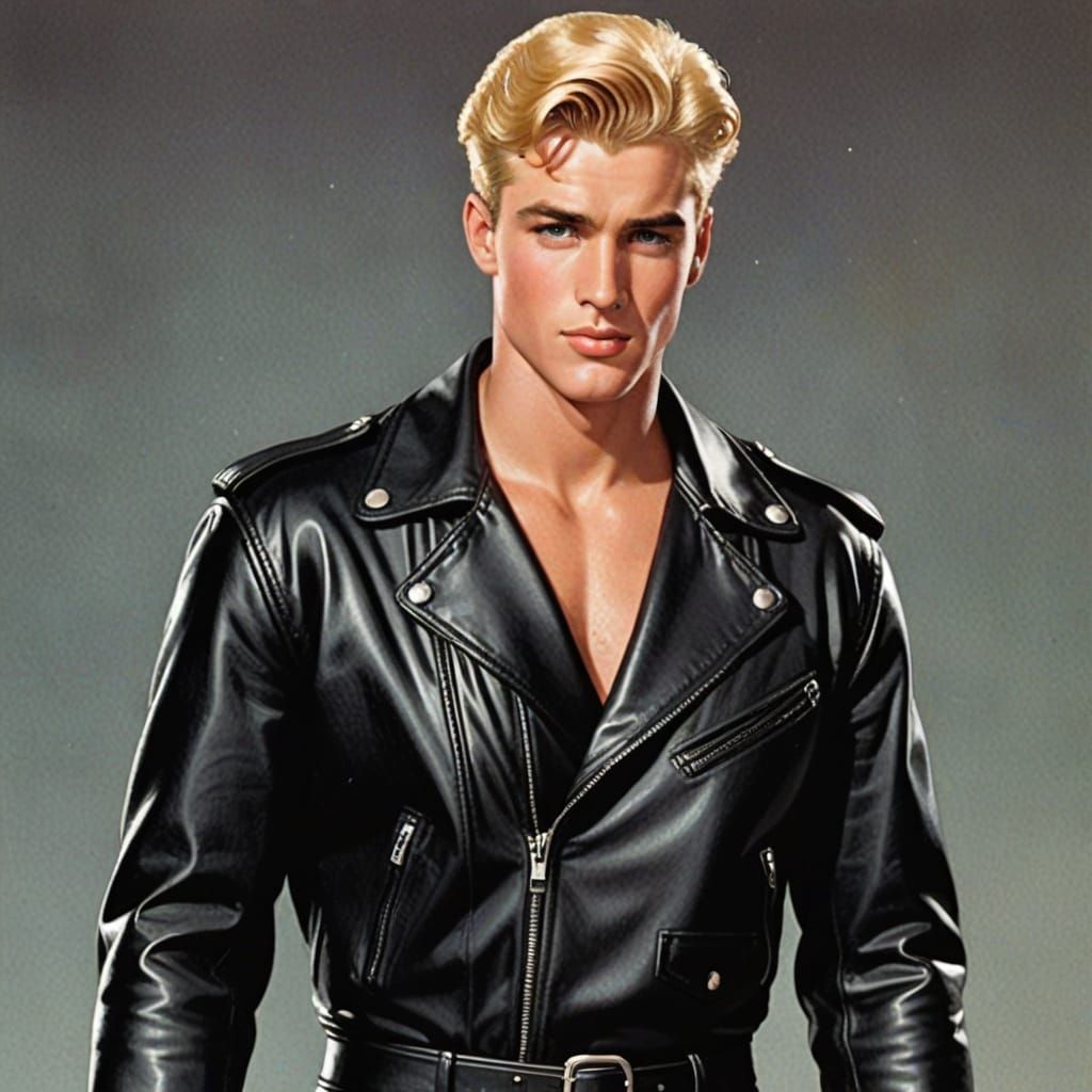 Brawny Blond Biker in 50s Comic Book Style