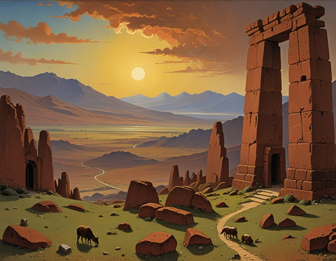 Ancient Tiahuanaco Ruins in Vibrant, Detailed Style