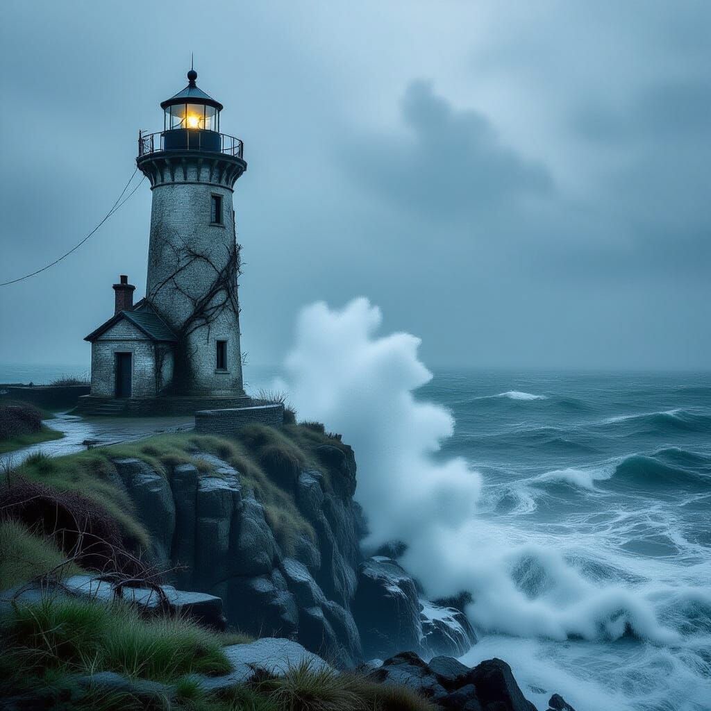 Weathered Lighthouse on Stormy Cliffs, Gritty Realism Style