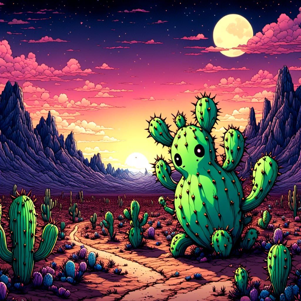 Creepy Cute Prickly Pear Monster in Neon Desert