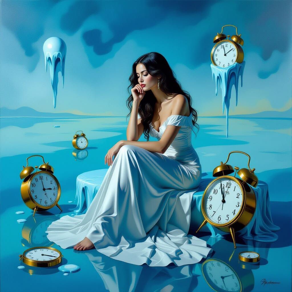 Surreal Dreamscape with Woman and Melting Clocks