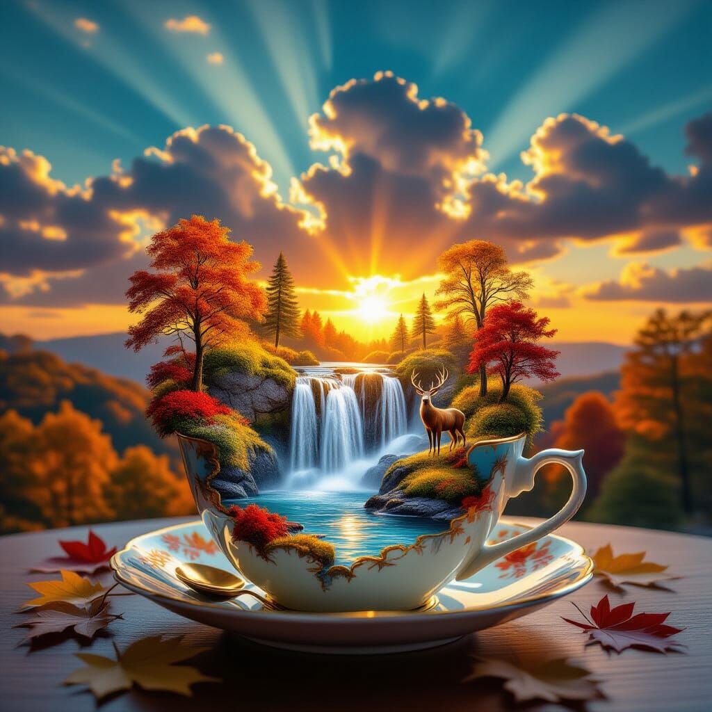 Autumn Micro-World Teacup with Golden Waterfall