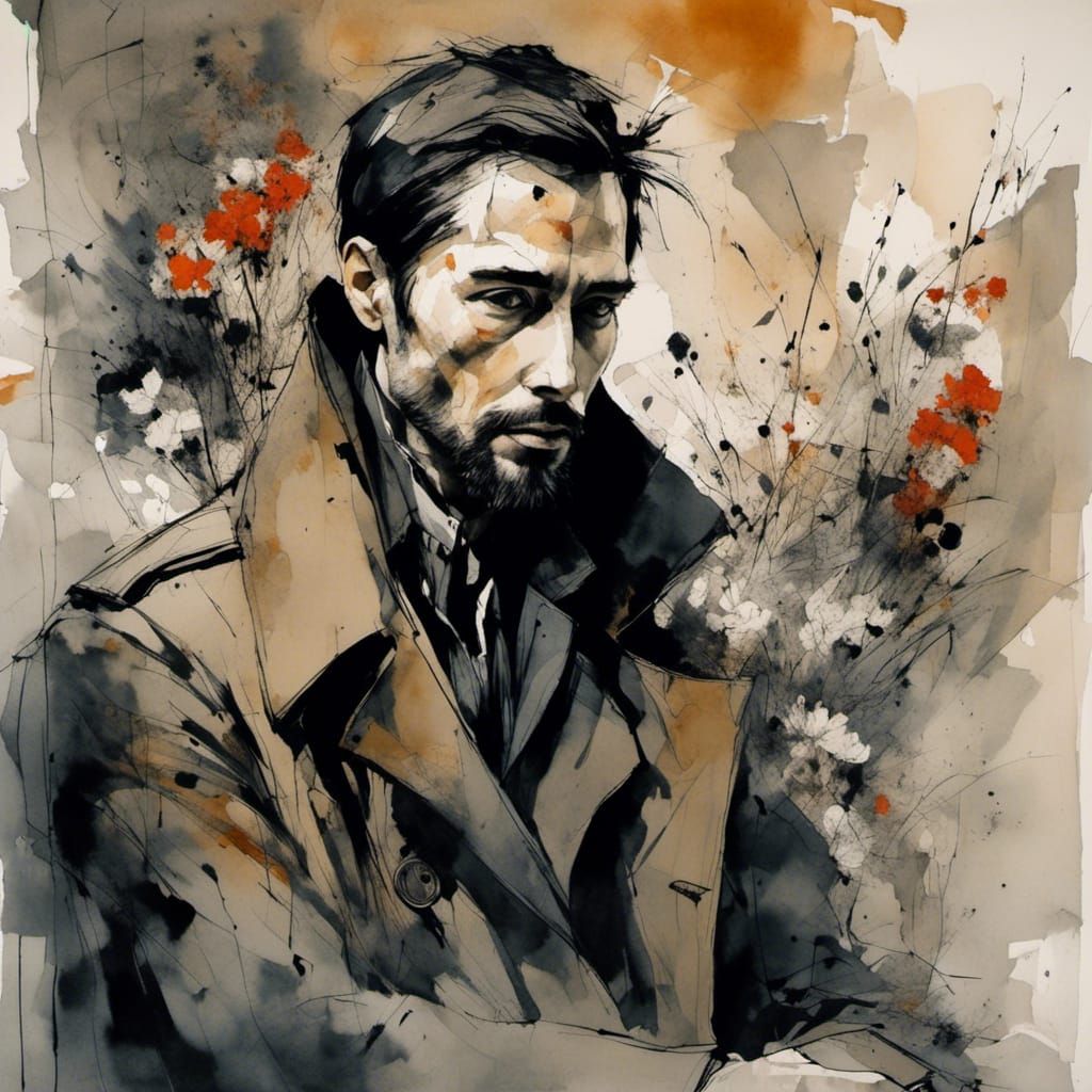 Melancholy Man with Broken Flowers: Expressionist Ink Painti...
