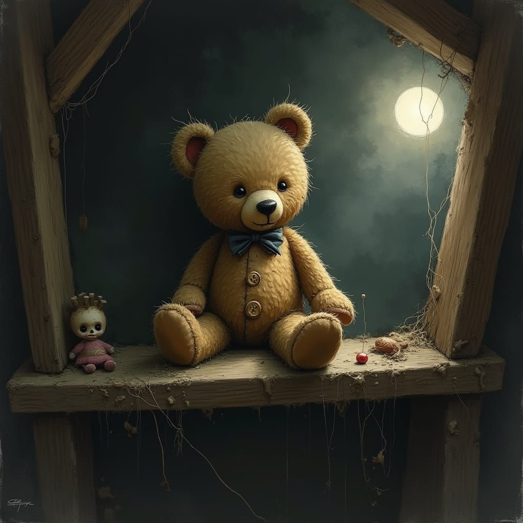 Tattered Teddy Bear in Moonlight Attic, Dark Fantasy Style