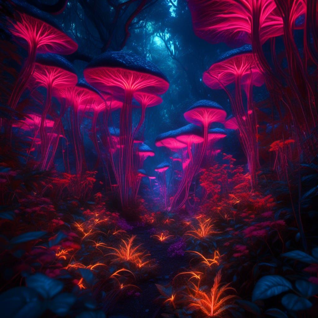 Neon Lit Rainforest Canopy at Night