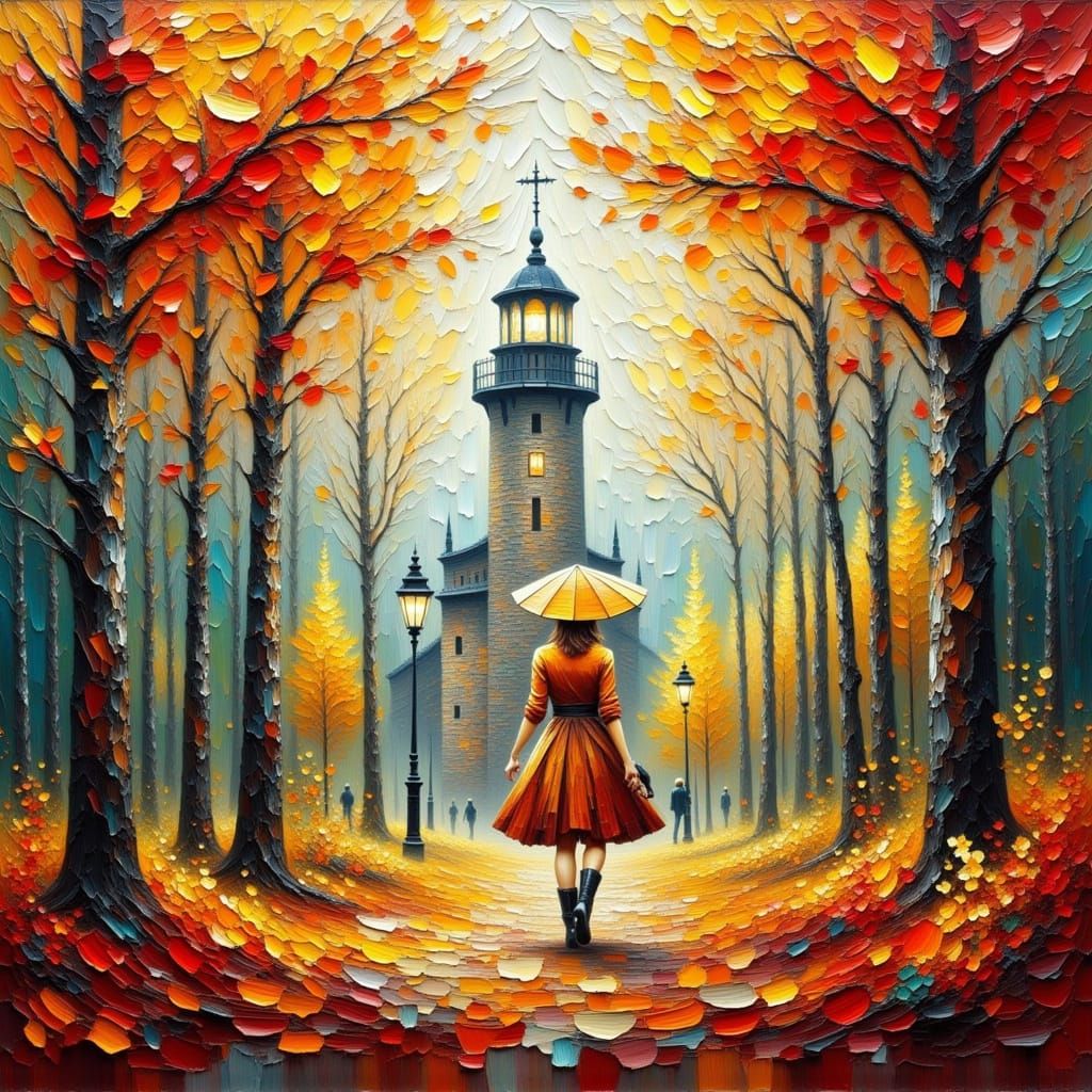 Woman Walking Through Autumn Forest in Thick Impasto Style